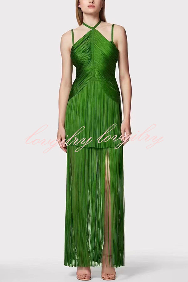 Sexy Halterneck Open Back Elegant Tassel Slim Maxi Dress