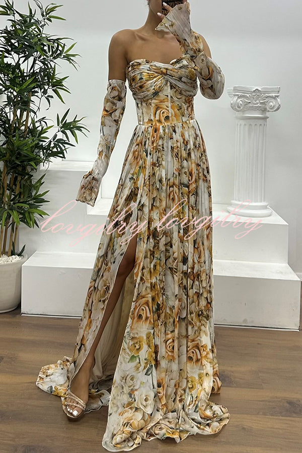 Reina Chiffon Floral Print Pleated Bodice Split Sleeve Strapless Slit Maxi Dress