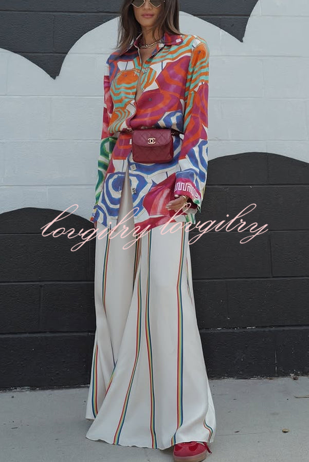 Ellah Satin Rainbow Stripe Print Drawstring Elastic Waist Pocket Wide Leg Pants