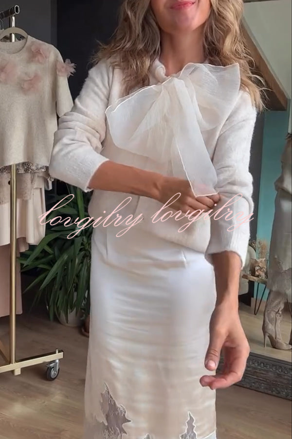 Orozco Knit Organza Bow Button-down Long Sleeve Loose Cardigan