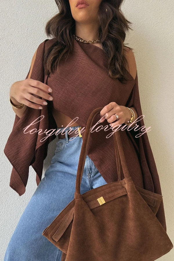 Light and Elegant Linen Blend Wide Neck Cape Sleeve Loose Top