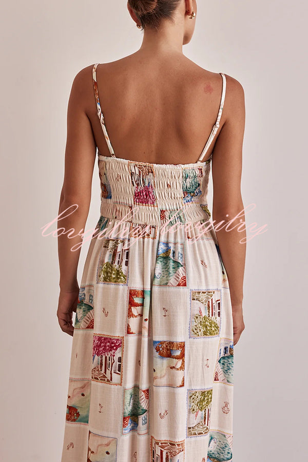 Unique Printed Sling Backless Elastic Pleated Maxi Dress