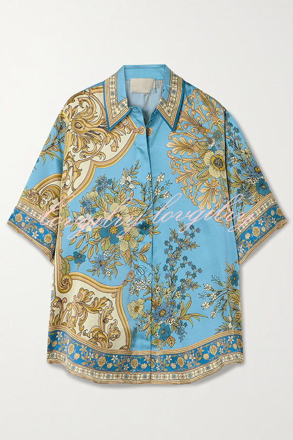 Satin Floral Print Loose Shirt and Elastic Waist Pocket Casual Wide-leg Pants