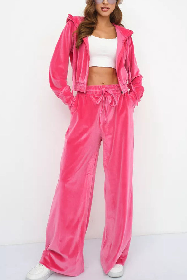 Solid Color Velvet Hooded Zip-up Sweatshirt and Elastic Waist Casual Pocket Straight-leg Pants Set