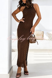 Solid Color Sleeveless Knitted Tassel Slim High Slit Midi Dress