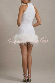 Dazzling and Playful Sequin High Neck Feather Trim Stretch Mini Dress