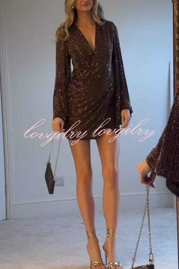 New Years Eve Sequin Deep V-neck Front Cross Long Bell Sleeve Mini Dress