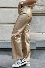 Stylish Metallic Fabric Pocket Casual Straight Wide-Leg Pants
