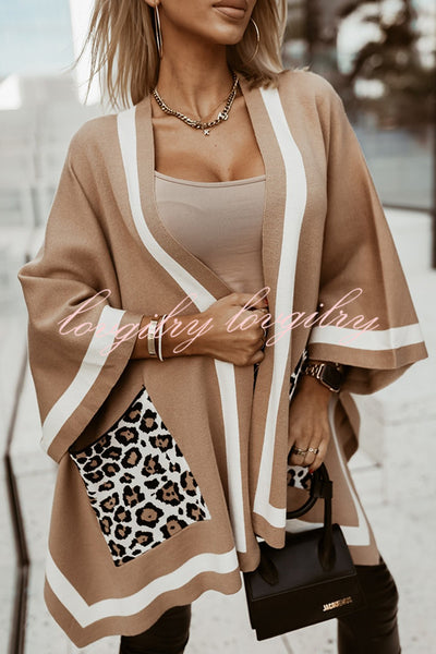 Warm and Comfortable Knit Colorblock Leopard Print Pocket Oversized Poncho Sweater