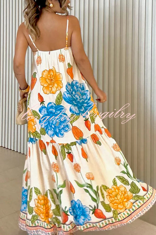Floral Print Halter Back Loose Pocket Full Hem Maxi Dress