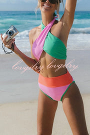 Summer Brights Ribbed Color Block Cross Halter Neck High Rise Bikini Swimsuit