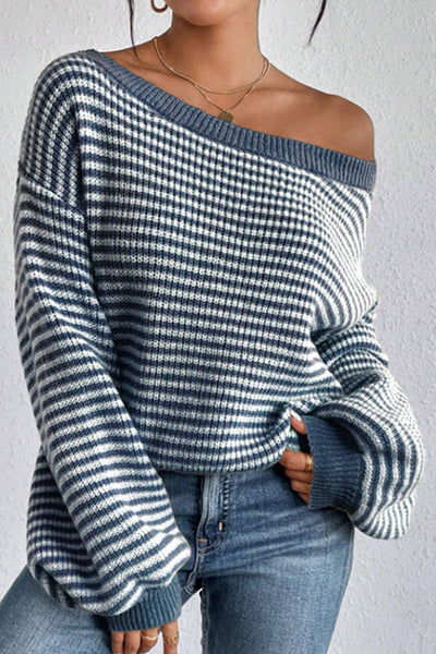 Fashion Striped Loose Long Sleeve Round Neck Knitted Sweater