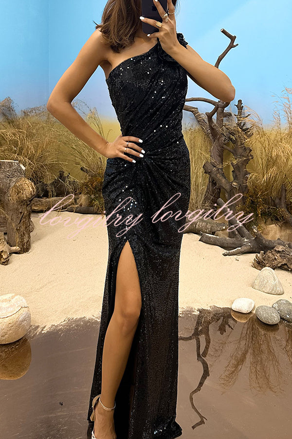 Coquette Crush Sequin One Shoulder Flower Pendant Ruched Slit Maxi Dress