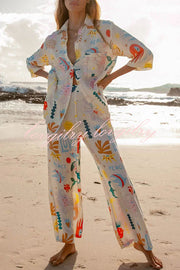 Abstract Sea Creature Print Button Pockets Elastic Waist Pant Suit