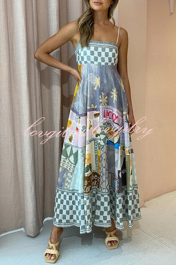 Wonderful Weekend Linen Blend Unique Print Smocked Back Pocketed Midi Dress