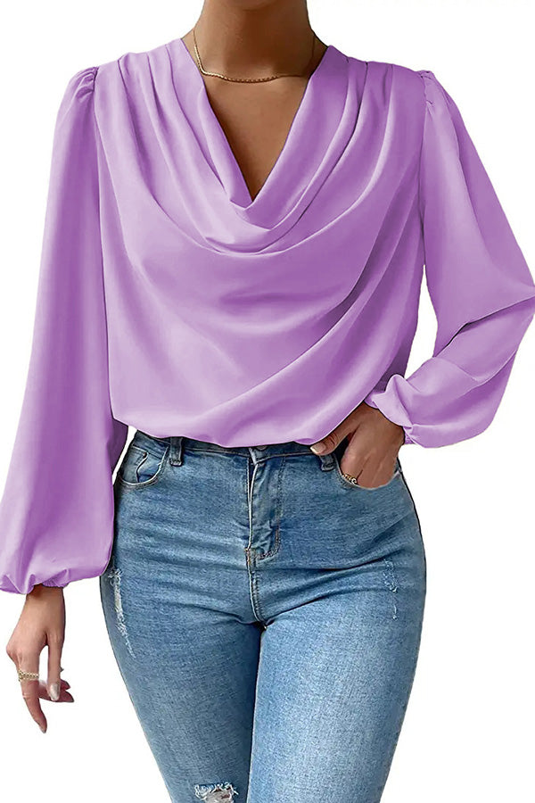 Simple and Beautiful Satin Cowl Drape Neck Long Sleeved Shirt