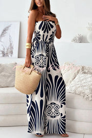 Unique Print Off-shoulder Pleated Casual Wide-leg Jumpsuit