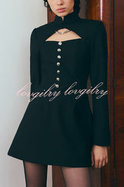 Elegant Long-sleeved Hollowed-out Button-down Slim-fit Mini Dress