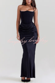 Attend The Gala Strapless Corset Satin Ruched Hip Drape Maxi Dress