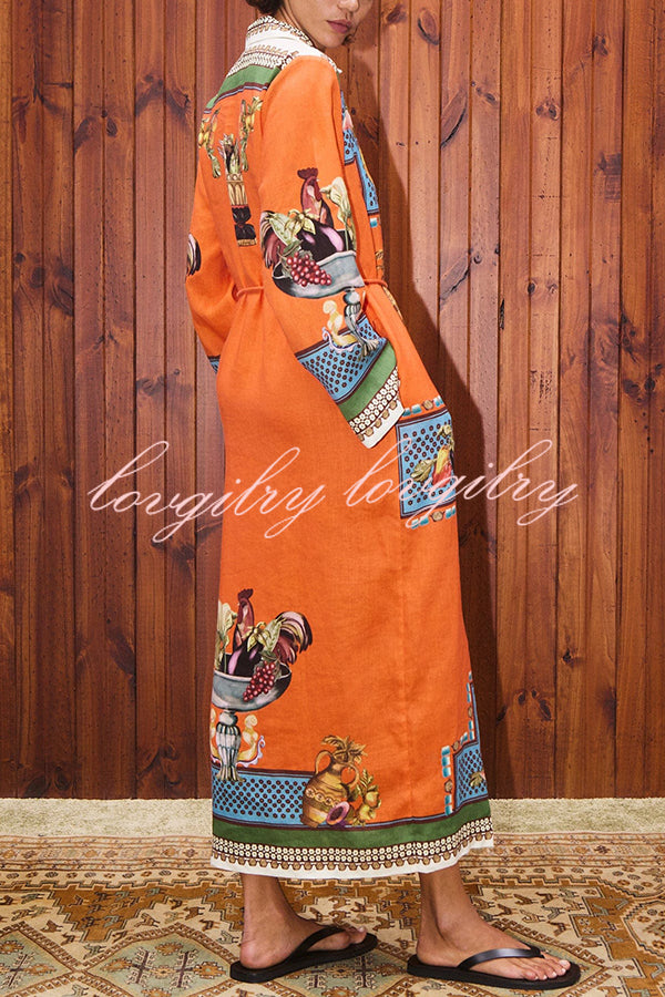 Linen Blend Unique Print Tie-waist Casual Maxi Dress