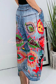 Hippie Style Unique Floral Denim Print Elastic Waist Pocket Wide Leg Pants