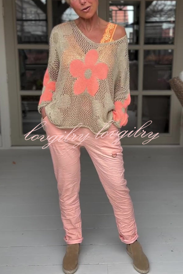 Embroidered Flower Hollow Holiday Knit Top