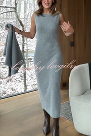 Soft and Warm Cashmere Ribbed Knit Sleeveless Midi Sweater Dress