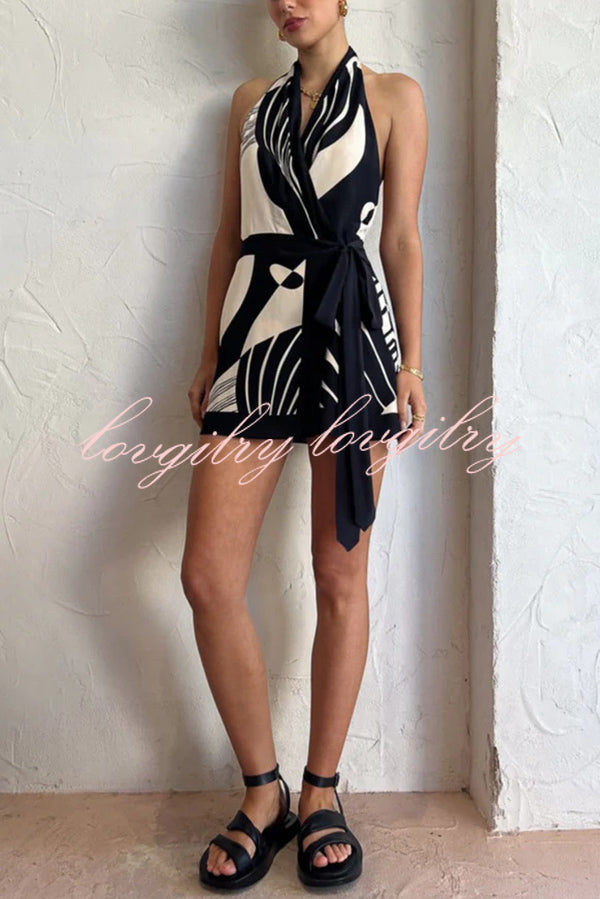 Unique Printed Open Back Waist Tie Holiday Mini Dress