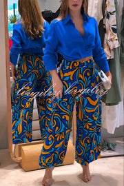 Ocean Heart Linen Blend Printed Ruched Hem Blouse and Belted High Rise Pocket Loose Pants Set