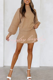 Solid Color Round Neck Puff Sleeve Loose Knit Sweater and Casual Striped Mini Skirt Set
