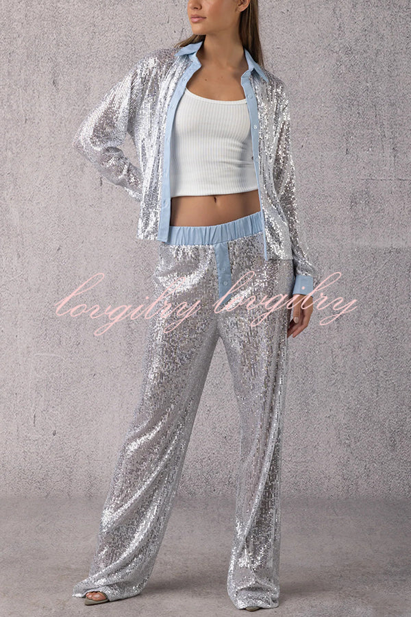 Fashion Sequined Loose Long-sleeved Shirt and Casual Elastic Waist Wide-leg Pants Set