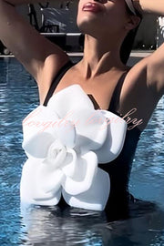 Fashionable Contrast Color Large Flower Stretch One-piece Swimsuit