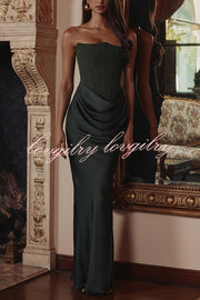 Attend The Gala Strapless Corset Satin Ruched Hip Drape Maxi Dress