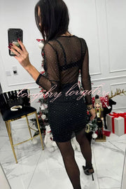 Gaze Mesh Glitter Fabric Sweetheart Neck Long Sleeve Stretch Mini Dress