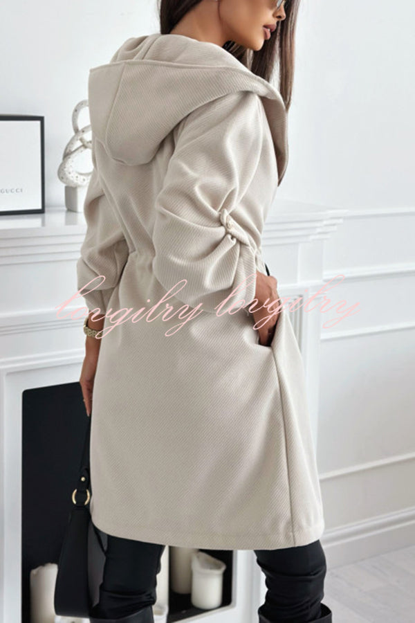 Effortless and Warm Textured Fabric Drawstring Waist Pocket Hooded Midi Coat