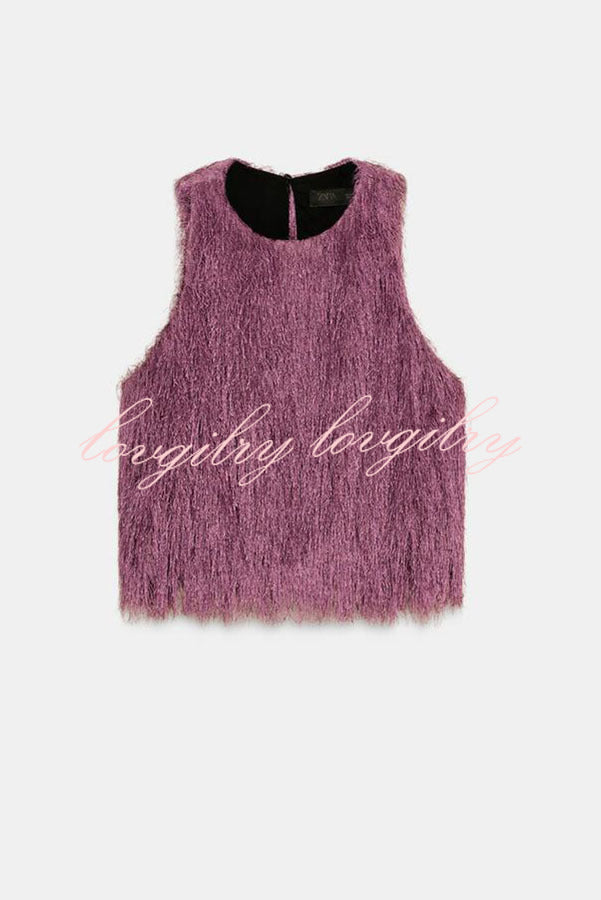 Flowing Elegance Layered Tassels Round Neck Sleeveless A-line Tank
