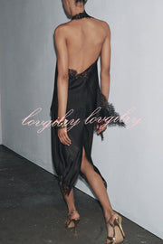Dolly Satin Lace Trim Mid Rise Slit Drape Midi Skirt