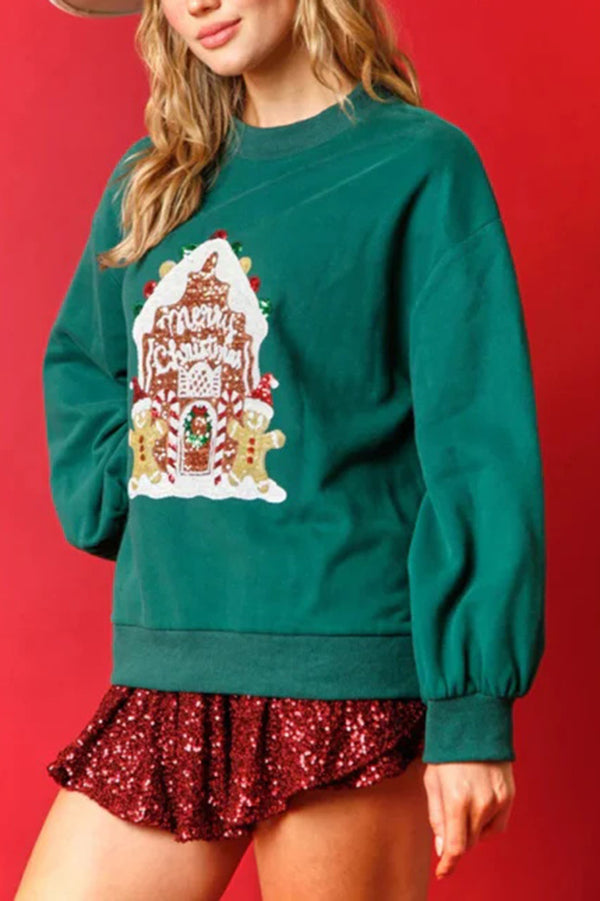 Christmas Candy House Sequined Casual Loose Sweatshirt