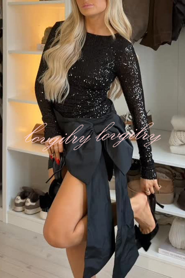 Forever New Sequin Long Sleeve Oversized Bow Drape Mini Dress