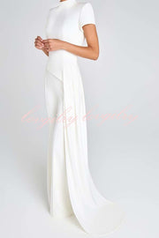 Pippa High Neck Short Sleeve Irregular Drape Hem Top and Elastic Waist Flare Pants Set