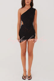 Solid Color Sexy One Shoulder Hollow Stitching Slim Fit Knitted Mini Dress