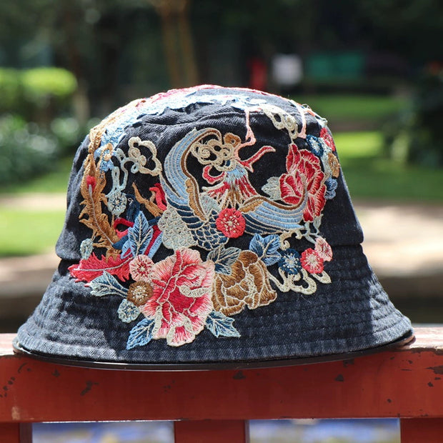 Fashionable Ethnic Style Embroidered Denim Bucket Hat