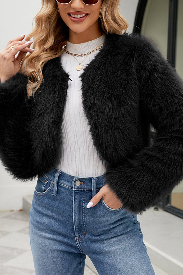 Stylish Long Sleeve Short Casual Faux Fur Jacket