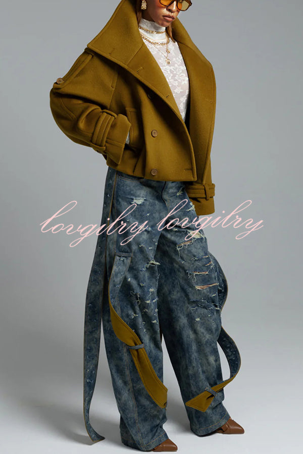 Ellie Epaulettes Stand Neck Double-Breasted Pocket Cropped Loose Woolen Coat