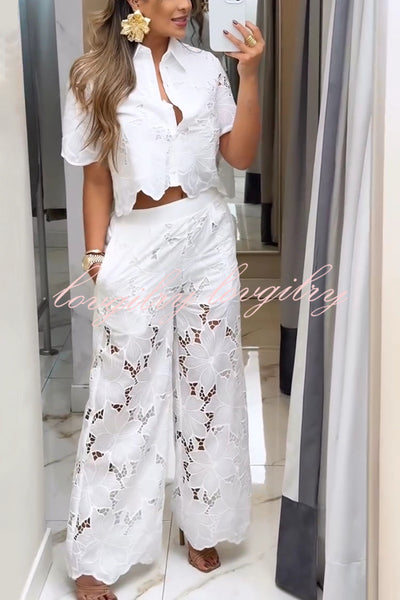 Solid Color Hollow Lace Lapel Short-sleeved Top and Elastic Waist Loose Pocket Pants Set