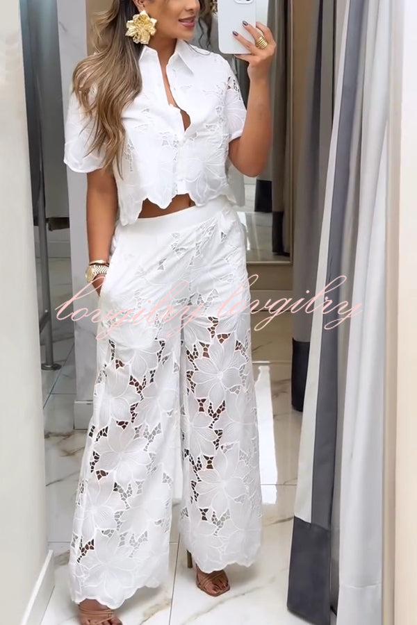 Solid Color Hollow Lace Lapel Short-sleeved Top and Elastic Waist Loose Pocket Pants Set