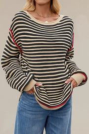 Striped Knit Loose-fitting Crew Neck Long-sleeved Casual Sweater