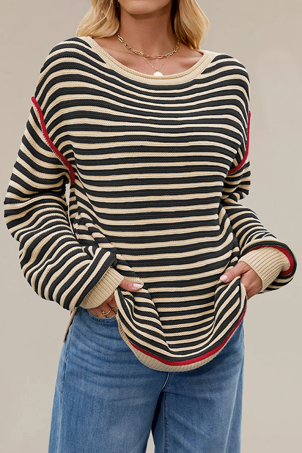 Striped Knit Loose-fitting Crew Neck Long-sleeved Casual Sweater