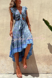 Libby Hippie Boho Printed Tie Front Ruffle Sleeve Smocked Waist Midi Dress