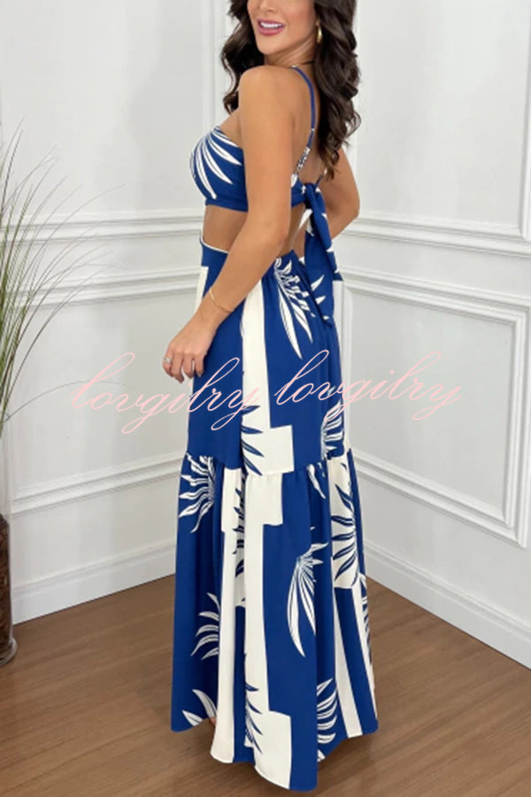 Farrier Printed Front Hollow Ring Design Cutout Slit Maxi Dress